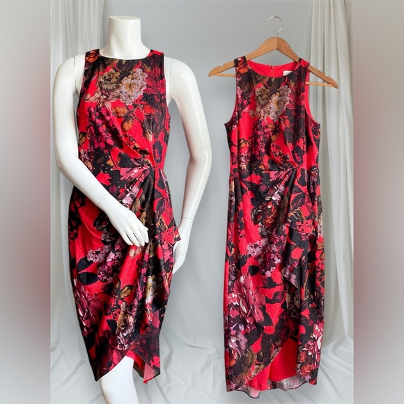 Calvin Klein Red Floral Sheath Dress Cascade Pleated Dark Romantic Wedding Midi - Picture 3 of 11
